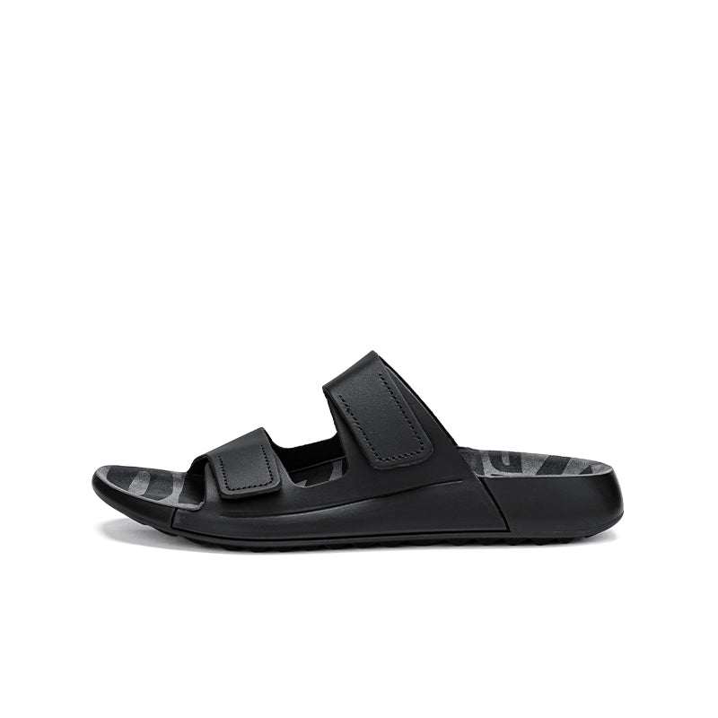 Black leather slide sandals, side view with two hook-and-loop straps