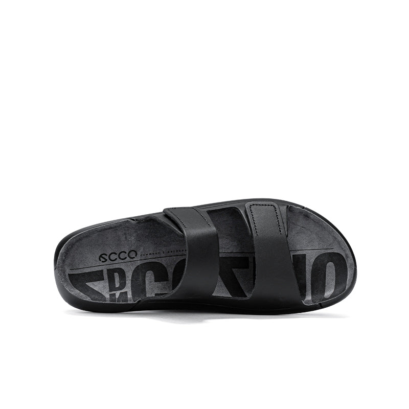 Black leather slide sandals, sole and heel view with strap details