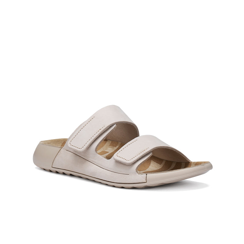 Beige leather slide sandals with two adjustable hook-and-loop straps
