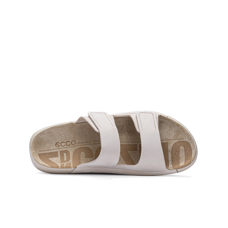 Beige leather slide sandals, back view with heel strap and outsole
