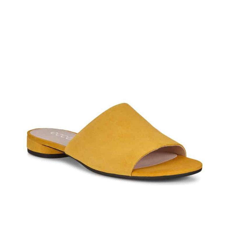 Yellow leather flat slide sandals with wide open toe and cushioned footbed