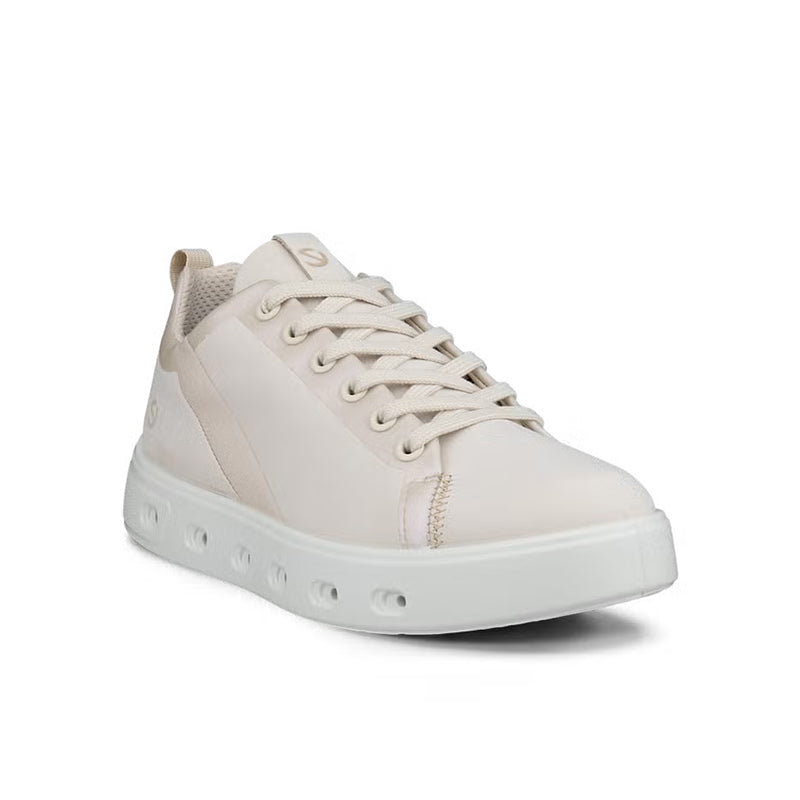 Beige leather lace-up casual sneakers with padded collar and white rubber sole