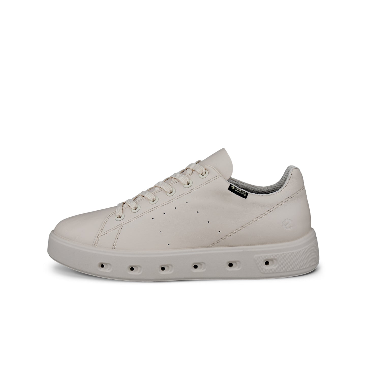 Beige leather lace-up sneakers with low-profile white rubber sole and side logo