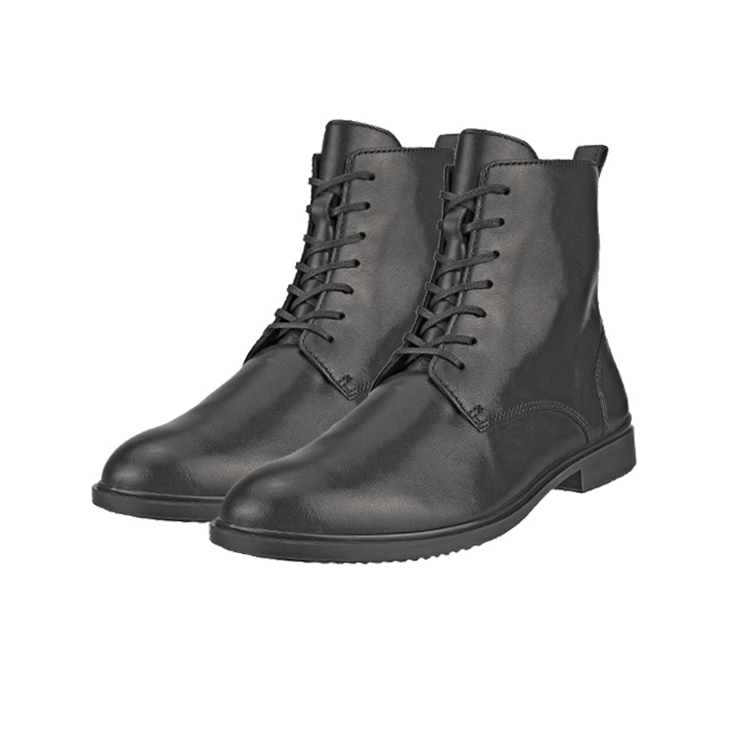 Women’s black lace-up ankle boots with low block heel and rounded toe