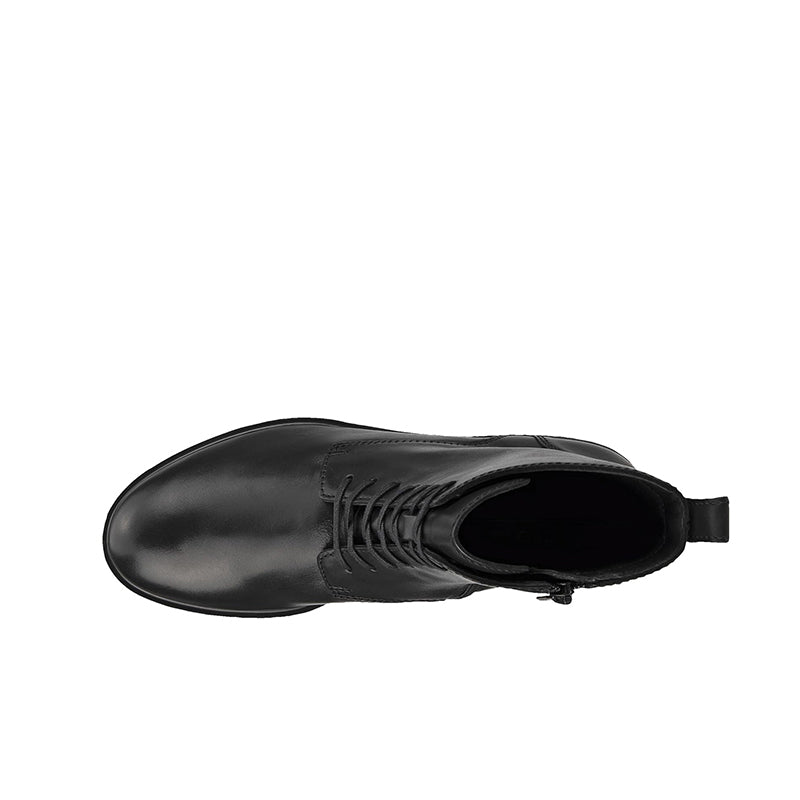 Women’s black leather lace-up boot with open side view and pull tab