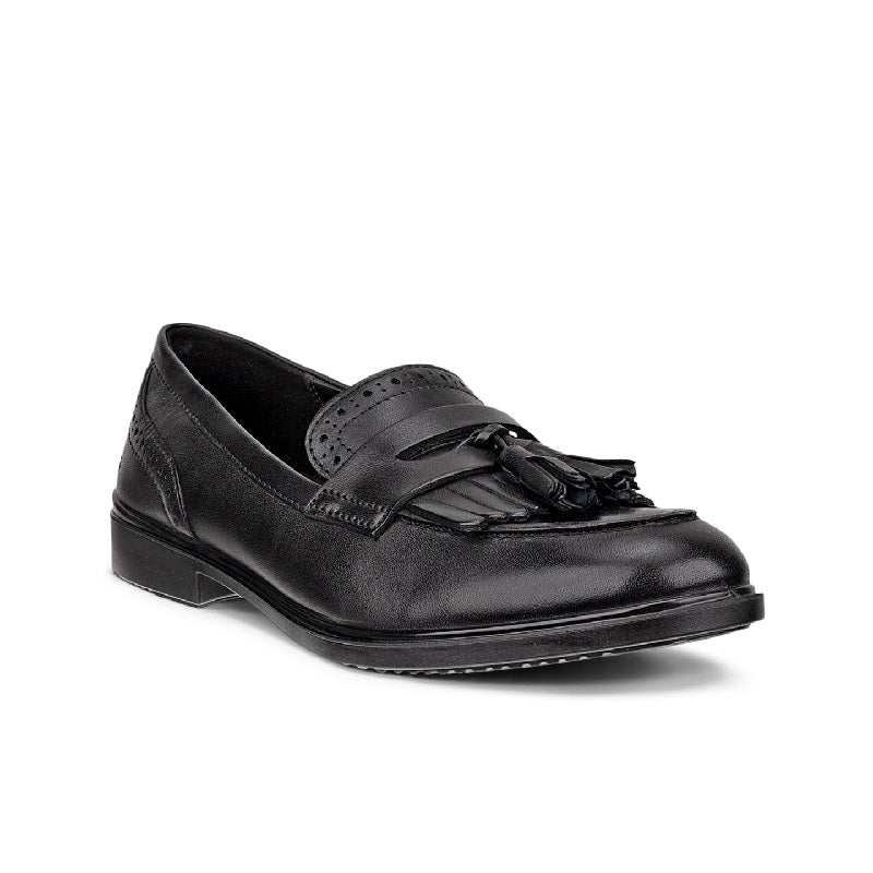 Women's black leather loafer with tassel fringe and stitched apron detail