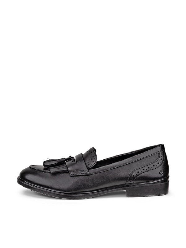 Women's black leather tassel loafer with perforated trim and side stitching