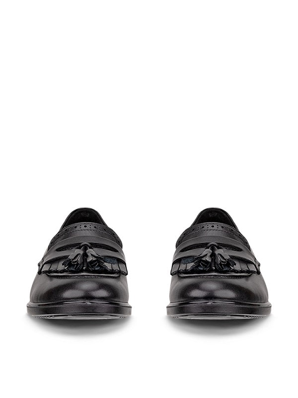 Women's black leather loafer, rear view, with tassel fringe detail
