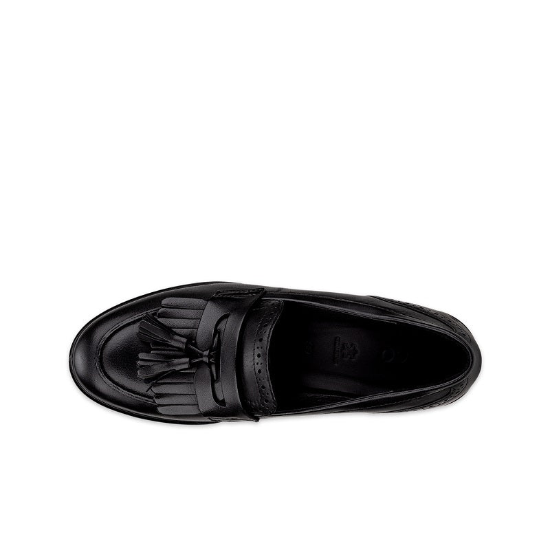 Women's black leather loafer with tassel fringe and perforated detailing