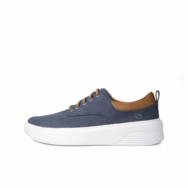 Men's navy textile sneaker with tan collar lining and white platform sole