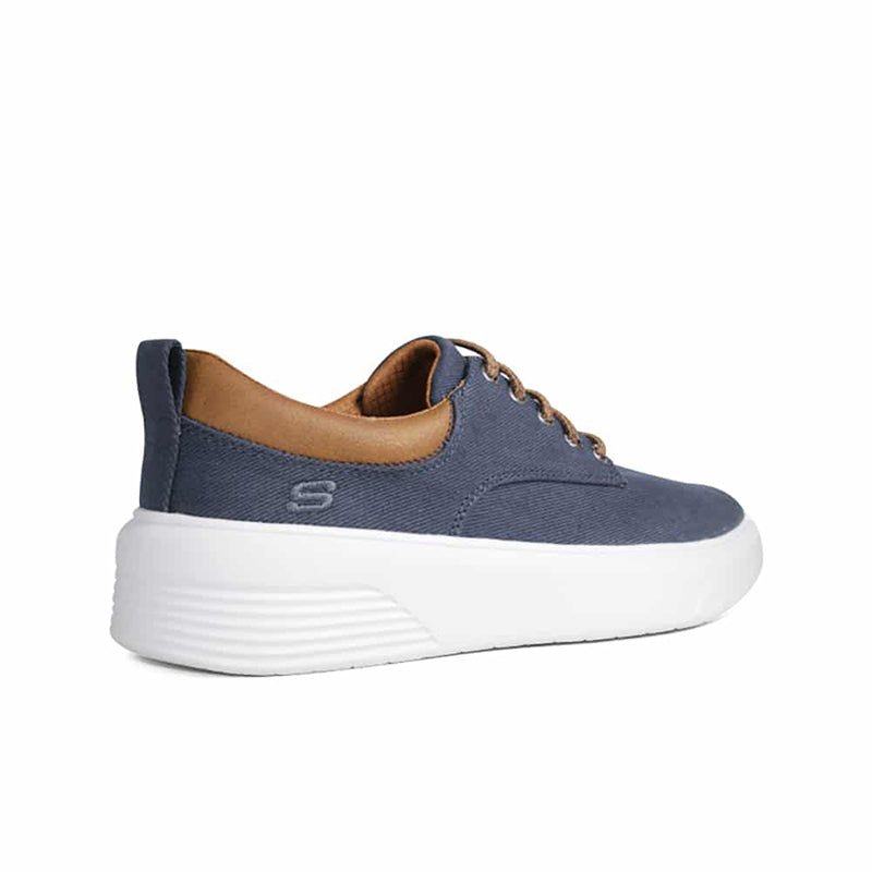 Men's navy textile sneaker with tan interior, lace-up front, white platform sole