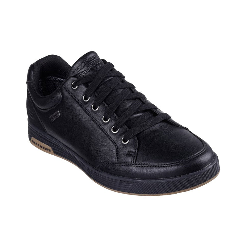 Men's waterproof lace-up sneaker, black leather with brown sole trim
