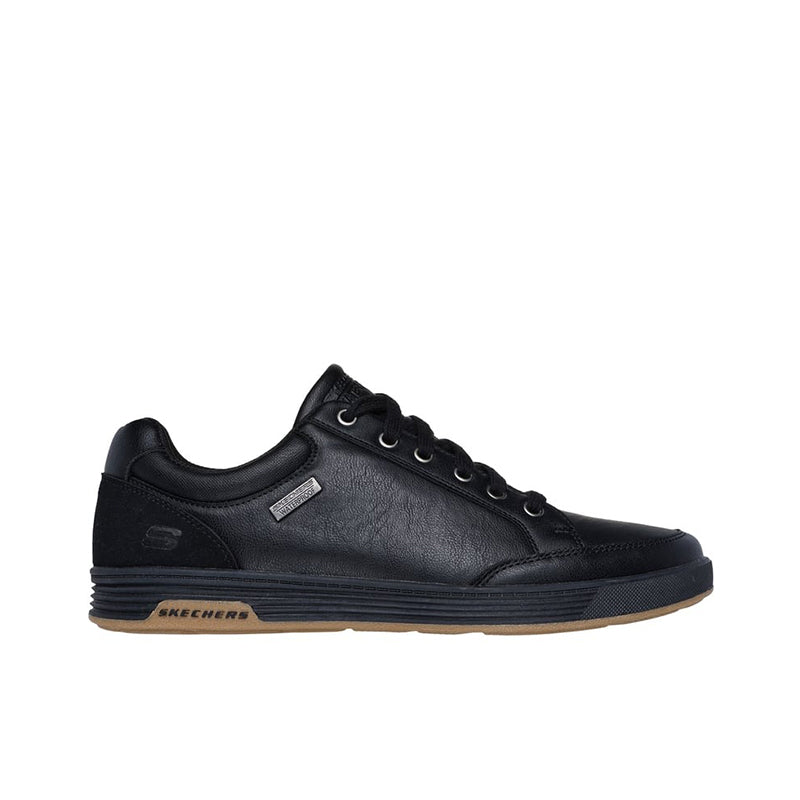 Men's waterproof lace-up sneaker, black leather with lace eyelets and logo tab