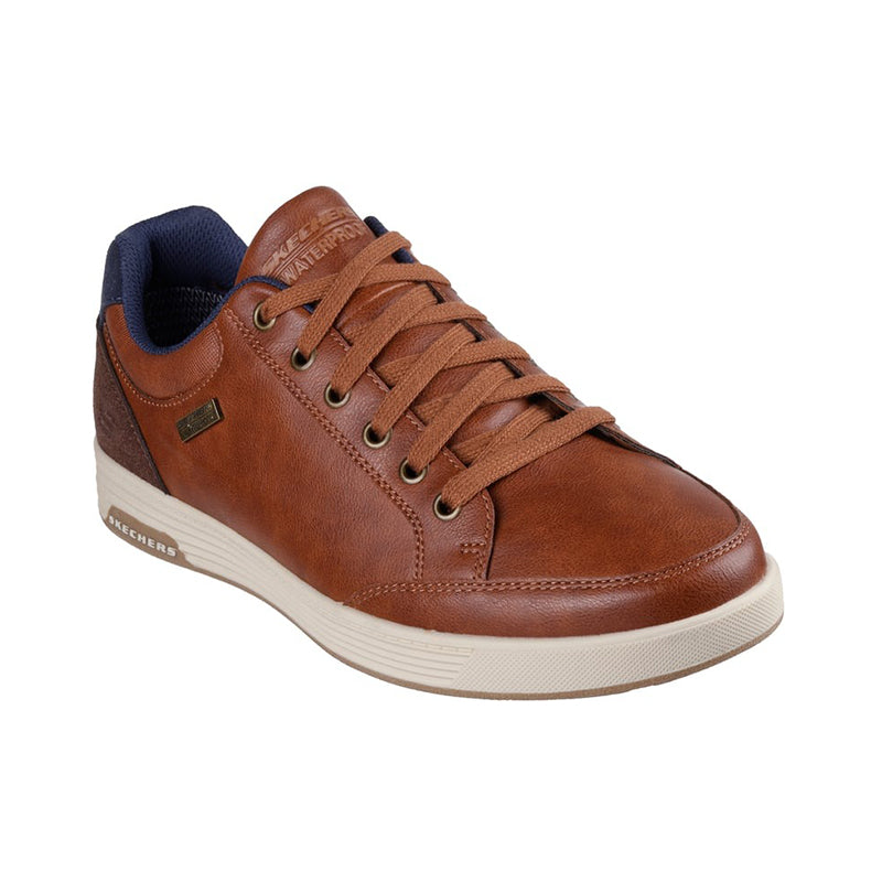 Men's waterproof lace-up sneaker, brown leather with tan midsole and blue collar