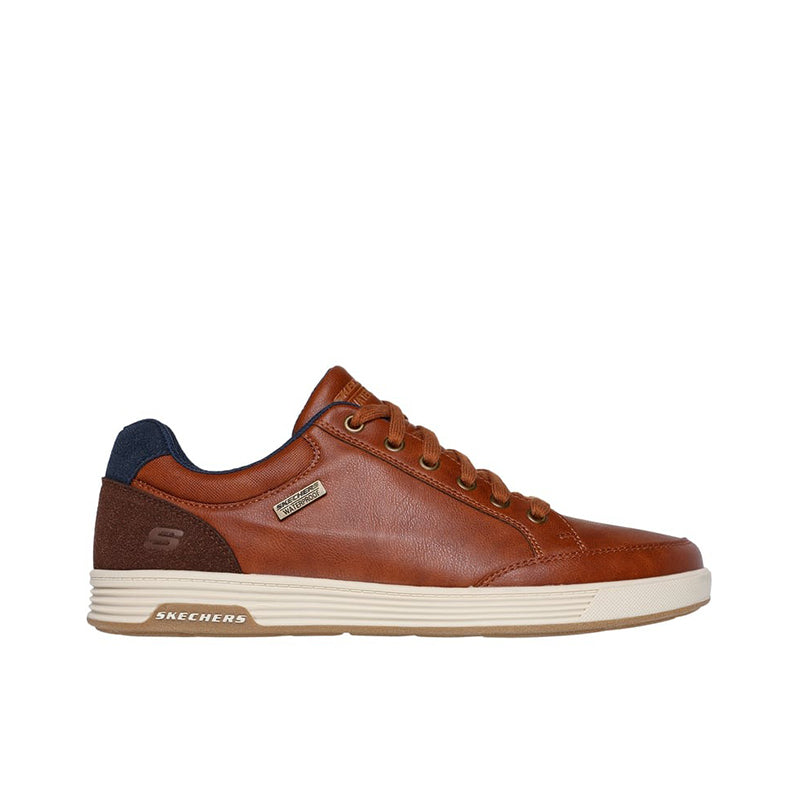 Men's waterproof lace-up sneaker, brown leather with blue heel and white stripe sole