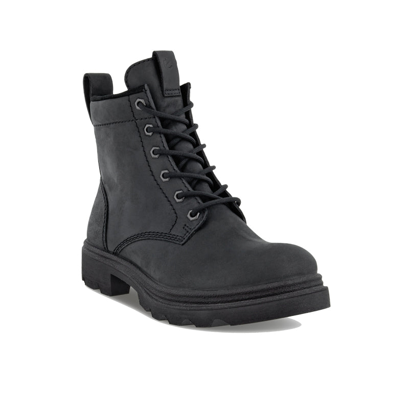 Black leather lace-up biker ankle boots with chunky rubber sole and side pull tab