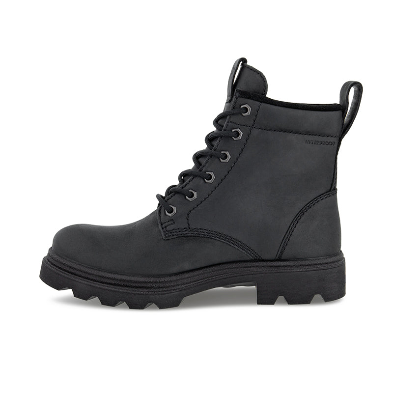Black leather lace-up ankle boots with waterproof lining, padded collar, and lug sole