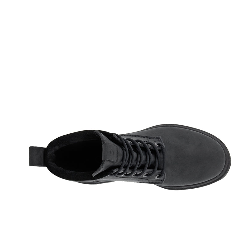 Black leather lace-up ankle boots with padded collar and cushioned interior