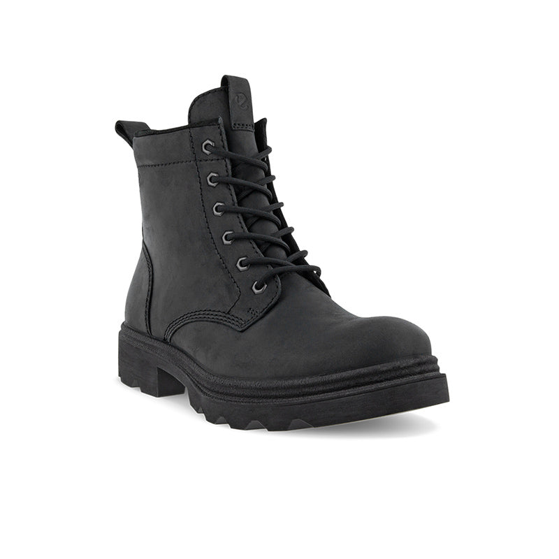 Men's black leather lace-up ankle boots with side pull tab and chunky lug sole