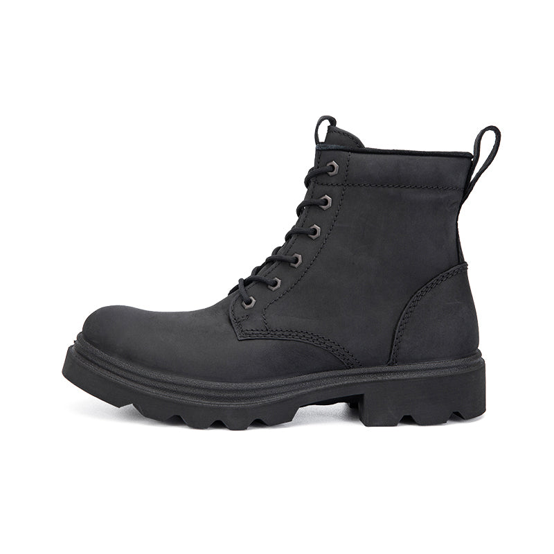Men's dark lace-up ankle boots with thick lug sole and side pull tab