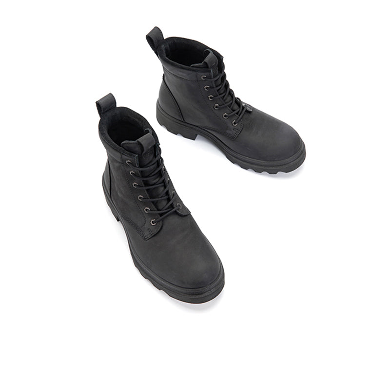 Pair of men's dark lace-up ankle boots with padded collars and thick rubber sole