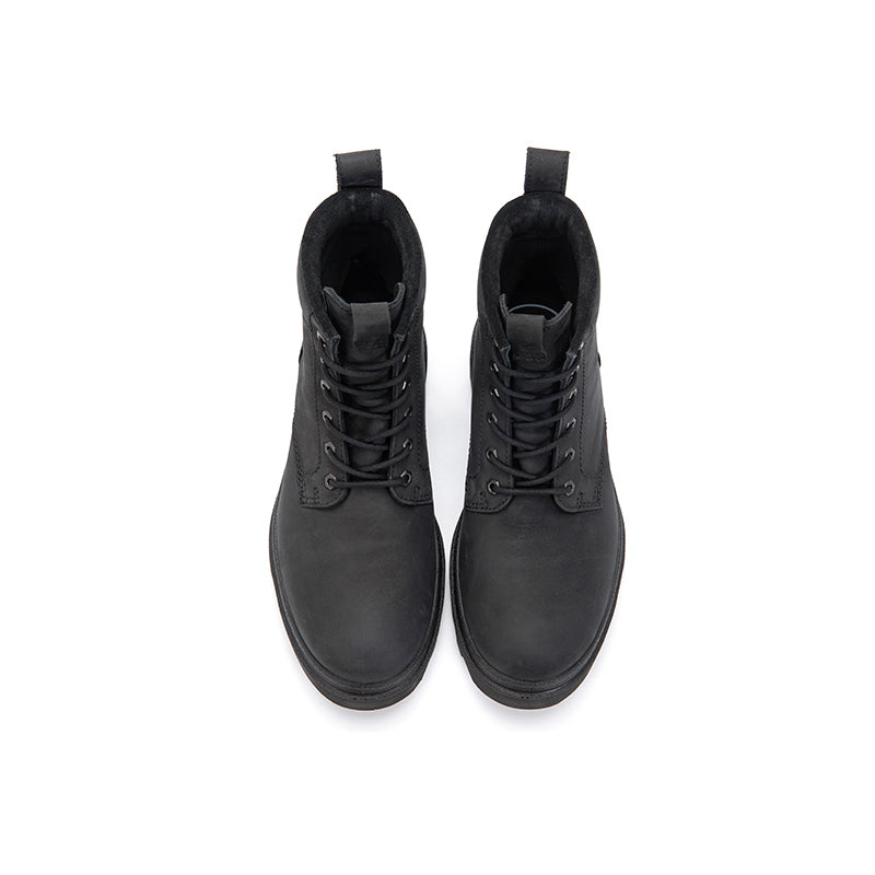 Men's dark lace-up ankle boots with black eyelets and padded tongue detail