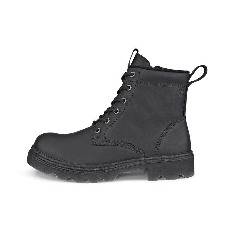 Women's black leather lace-up thermal boots with side pull tab and chunky sole