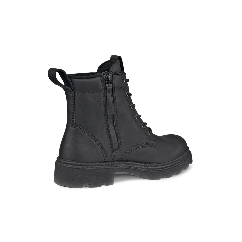 Women's black leather lace-up thermal boots with top pull tab and side zip panel
