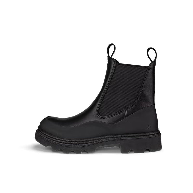 ECCO Grainer women's Chelsea boot in black leather, angled profile with elastic gore