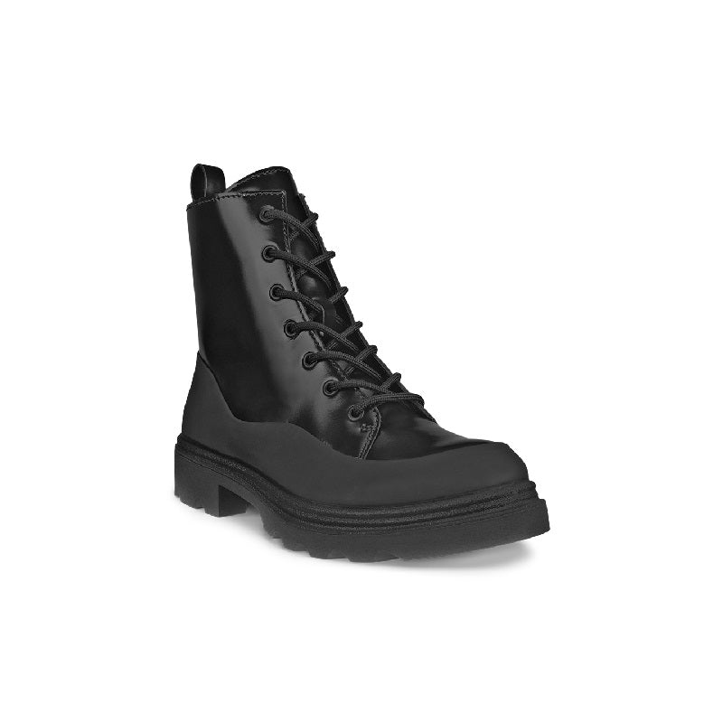 Black leather lace-up ankle boot with padded collar and chunky lug sole