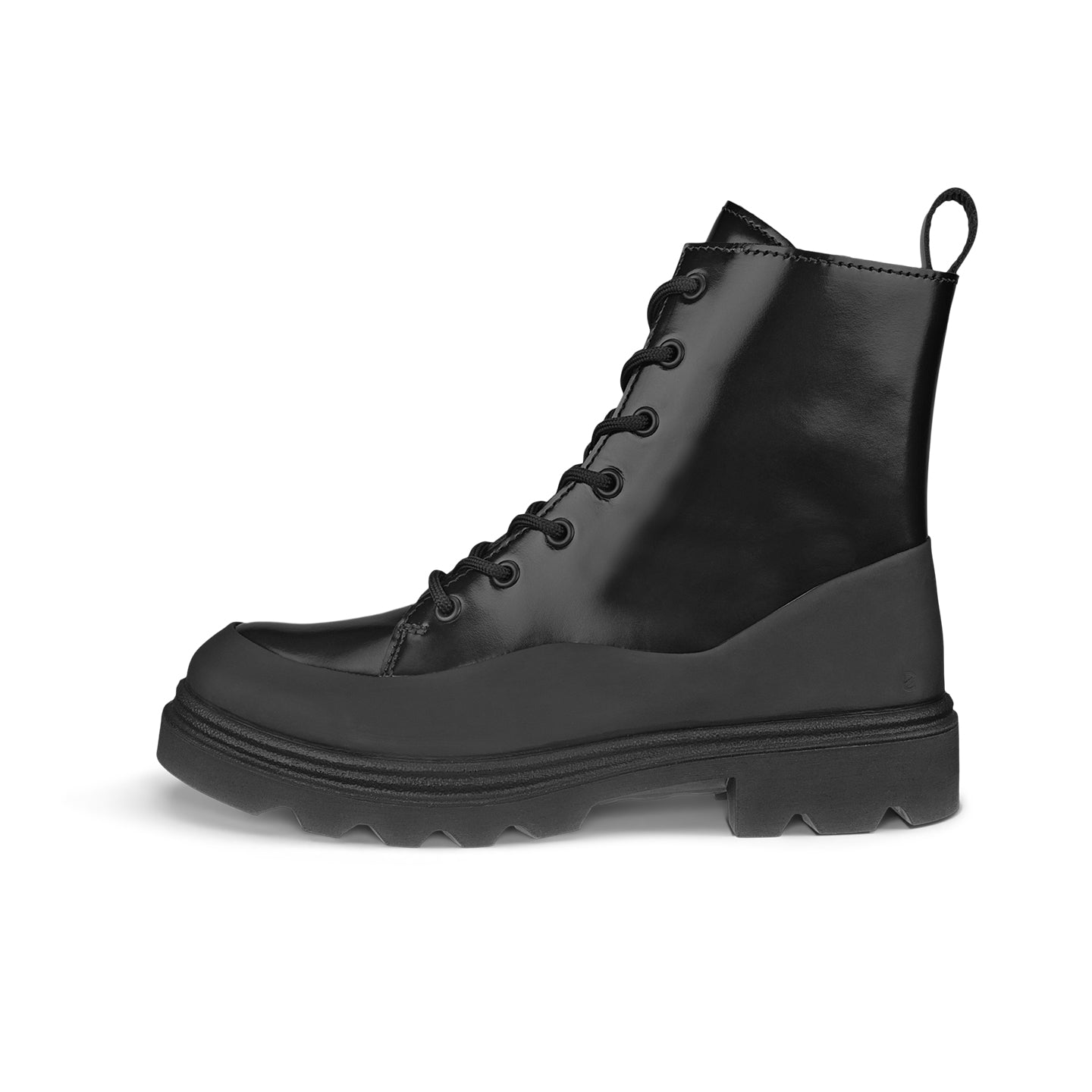Black leather lace-up ankle boot with padded collar and thick rubber lug sole