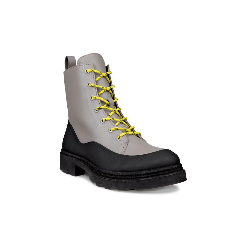 Grey leather lace-up ankle boot with neon yellow laces and chunky lug sole