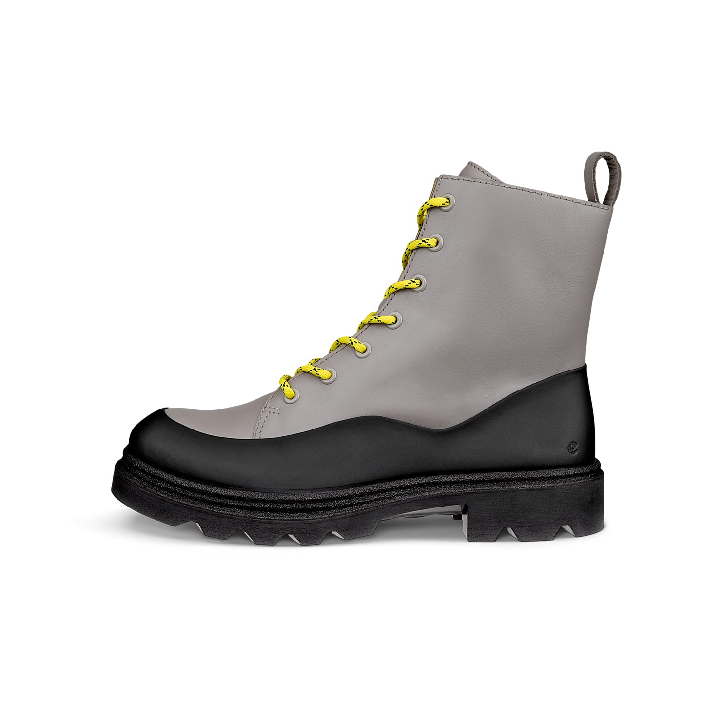 Grey leather lace-up ankle boot with neon yellow laces, pull tab, and lug sole