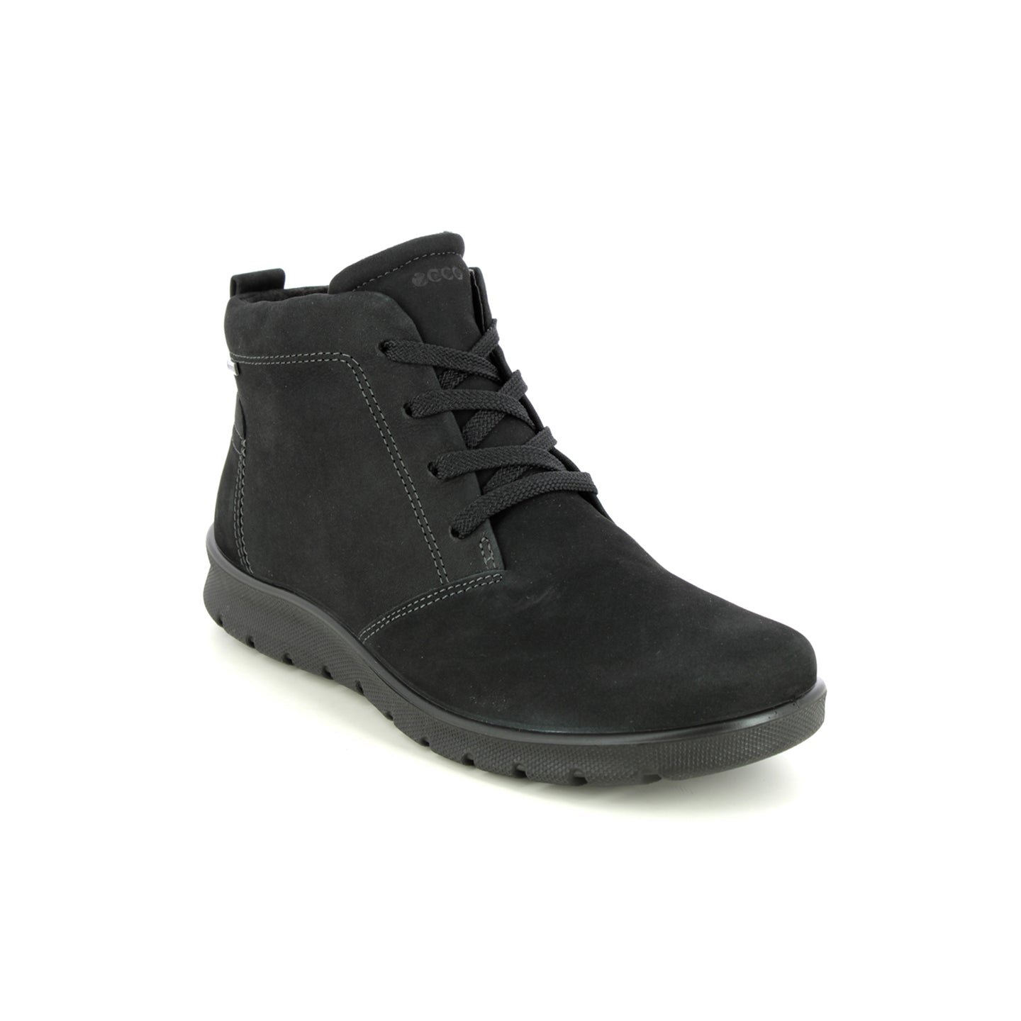 Black leather lace-up ankle boots with padded collar and rubber tread sole