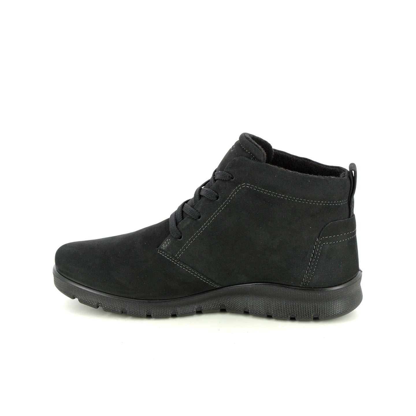 Black lace-up ankle boots with padded collar and textured rubber sole