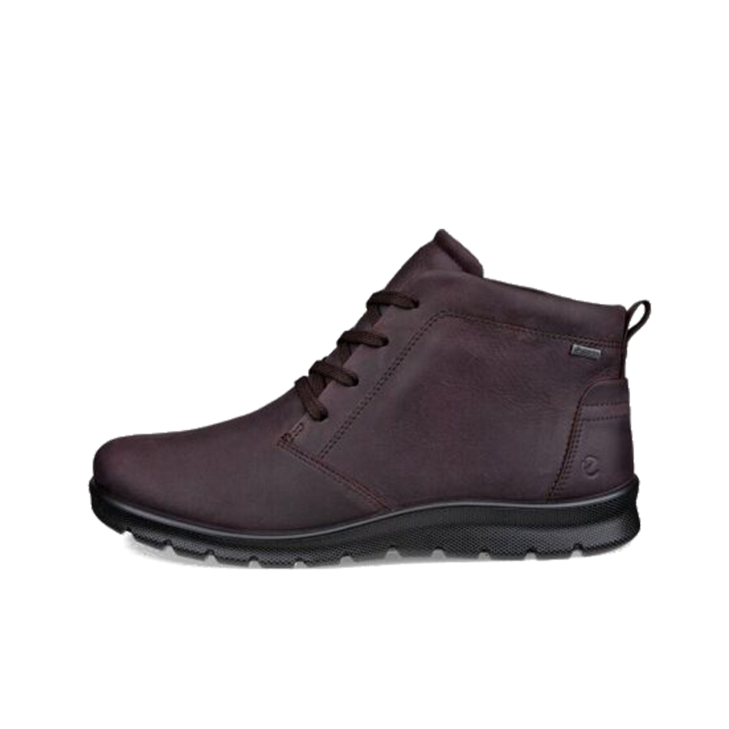 Plum-brown lace-up ankle boots with side pull tab and rubber tread sole