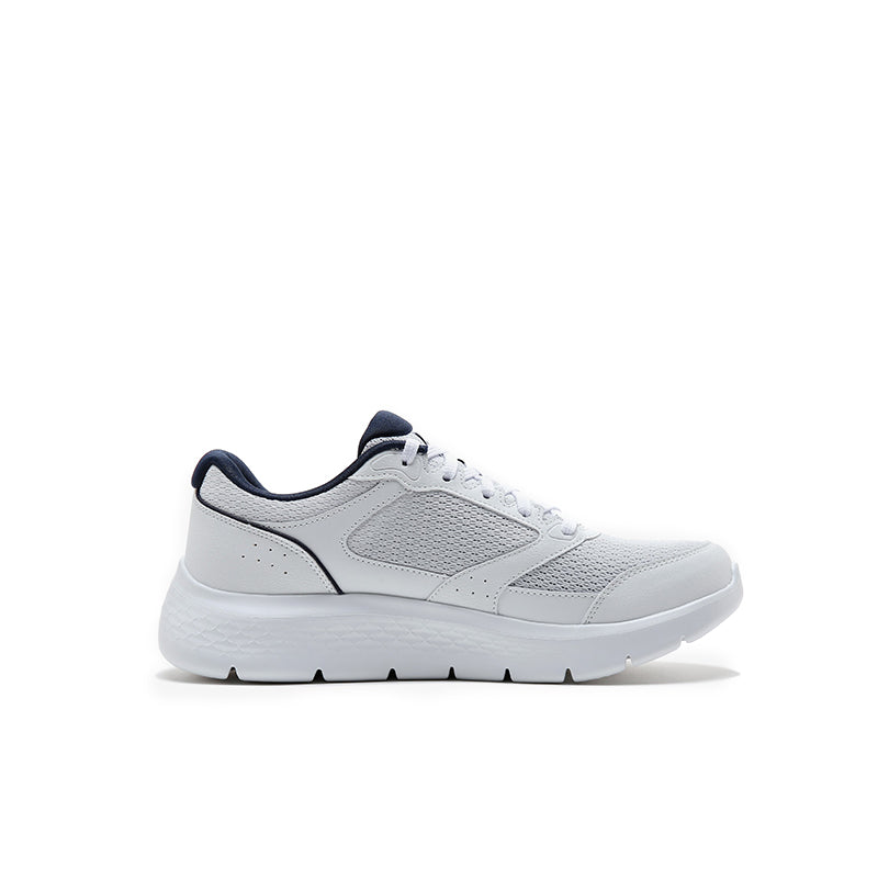 Men's white Go Walk Flex sneaker with navy accents and textured midsole