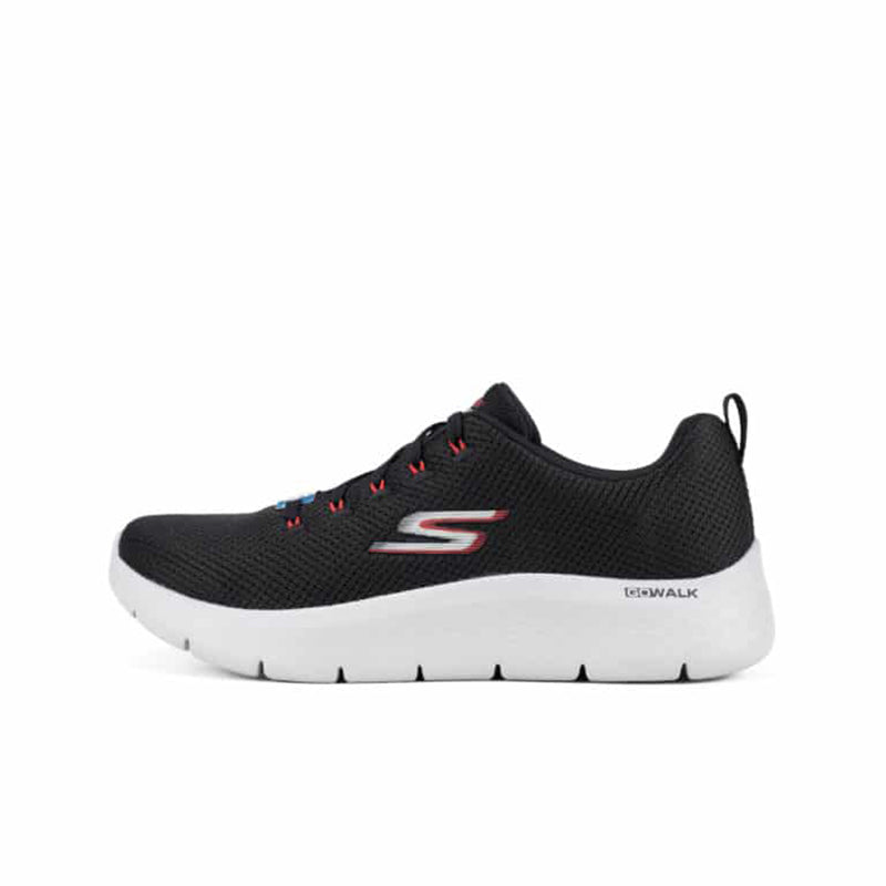 Men's Skechers Go Walk Flex sneaker, black mesh upper, side view, white sole, red lace accents