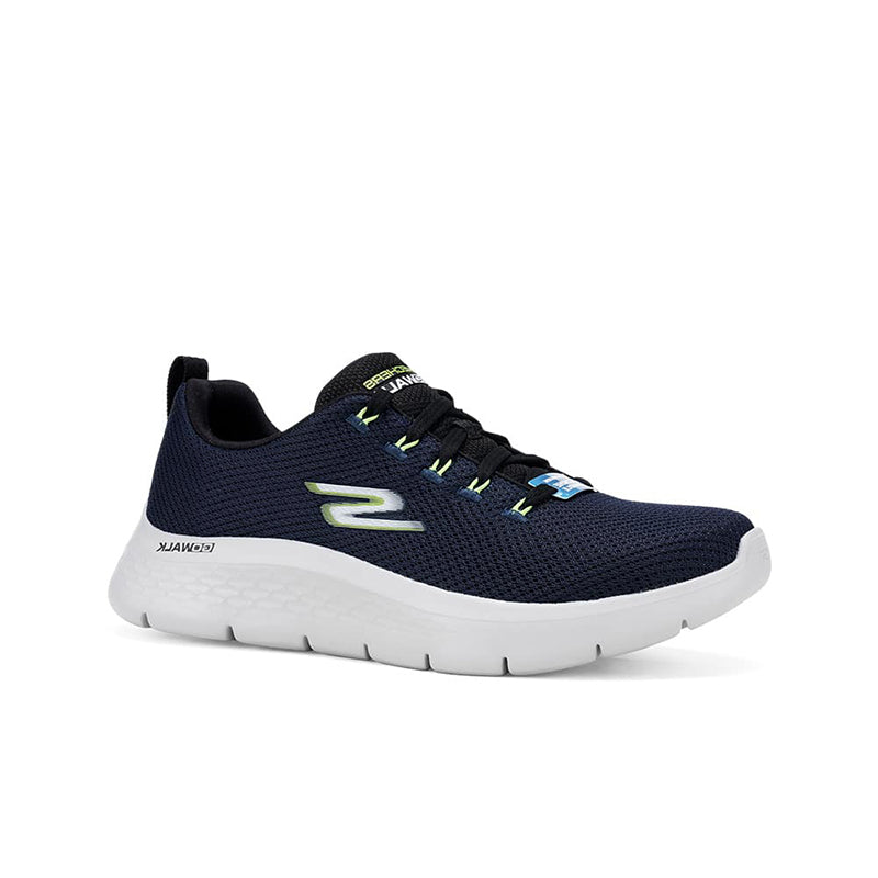 Men's Skechers Go Walk Flex sneaker, navy mesh upper, lace-up, white sole, lime accents
