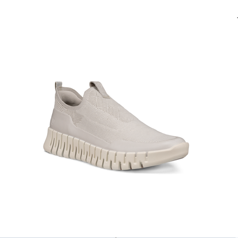 Women’s textile slip-on sneakers, light gray knit upper, off-white ridged sole