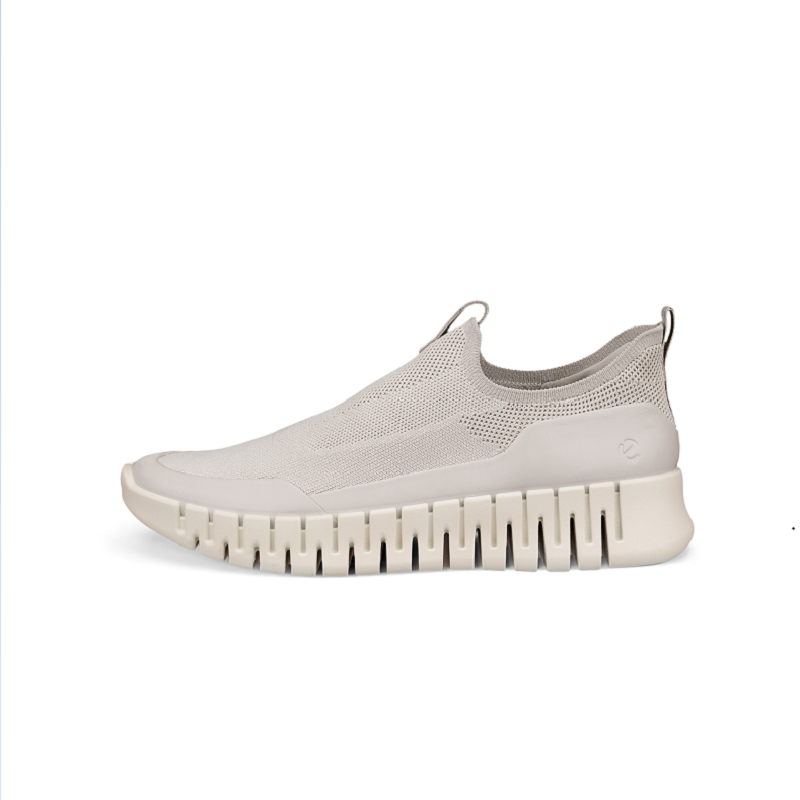 Women’s textile slip-on sneakers, light beige knit upper, off-white ridged sole