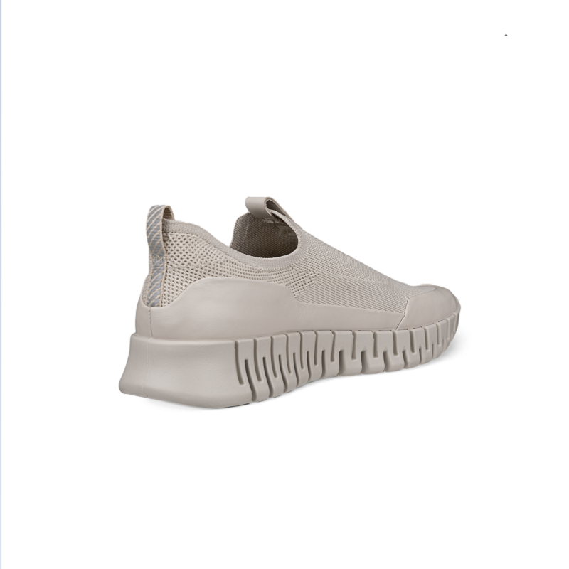 Women’s textile slip-on sneakers, light beige knit upper, molded heel, off-white ridged sole