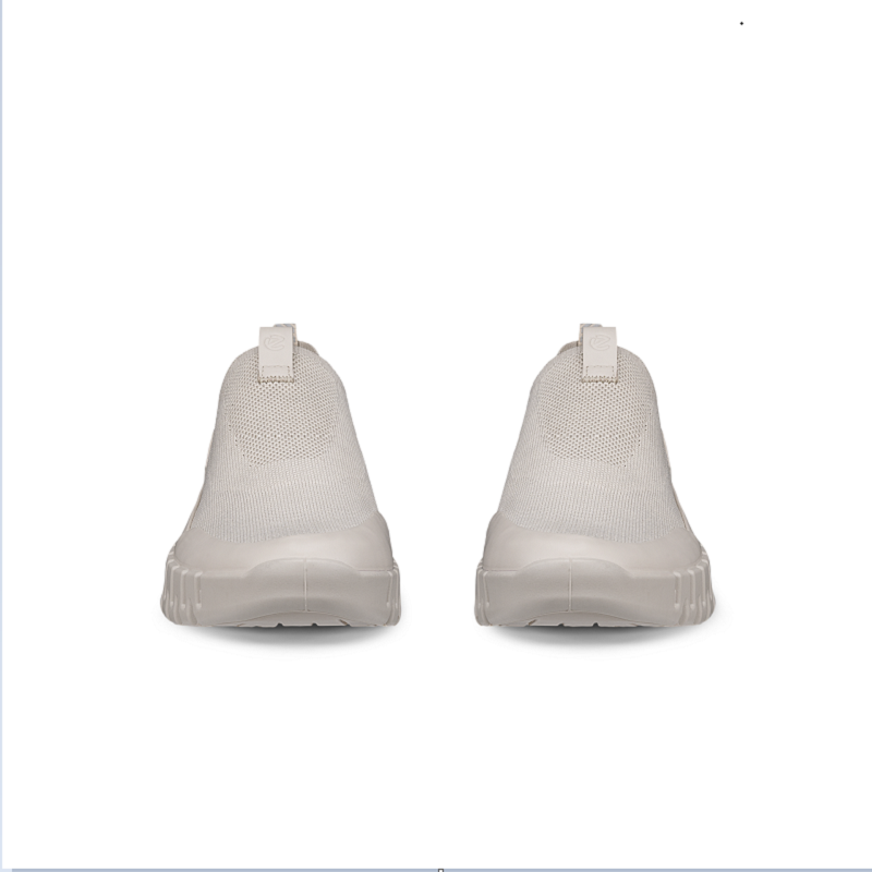 Women’s textile slip-on sneakers, light beige knit upper, rear view with heel pull tabs