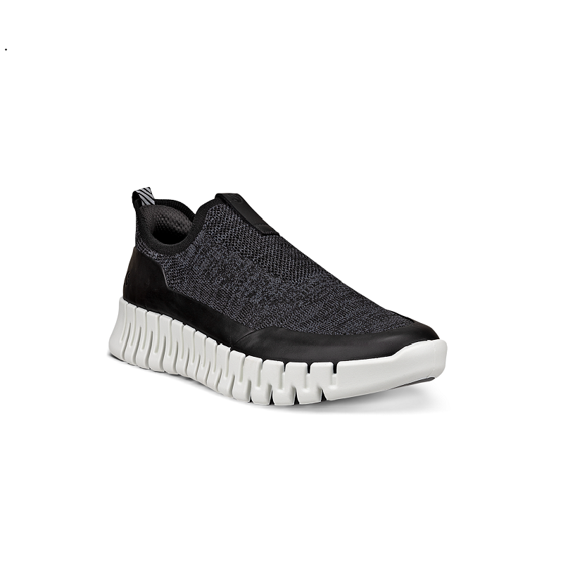 Women’s textile slip-on sneakers, black mesh upper, white ridged sole