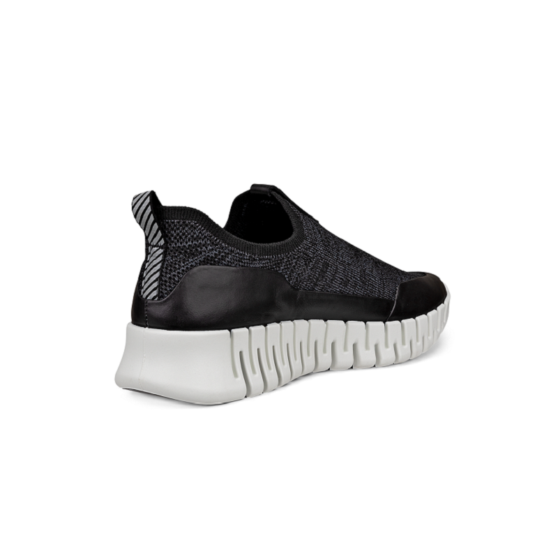 Women’s textile slip-on sneakers, black upper with molded heel panel, white ridged sole