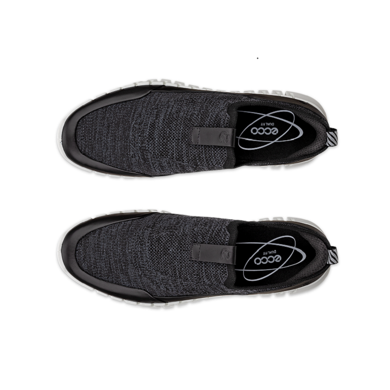 Pair of black textile slip-on sneakers showing tops, heel pull tabs, cushioned insoles