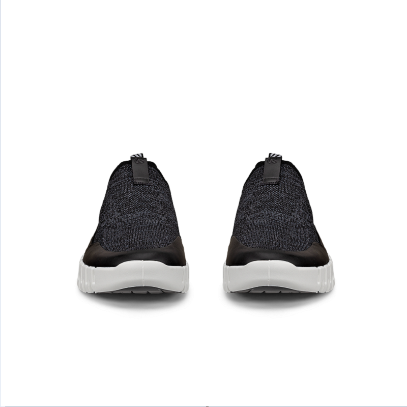 Women’s textile slip-on sneakers, black knit upper, rear view with heel pull tabs