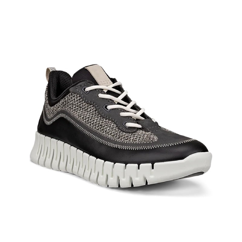 Black textile lace-up sneaker with chunky white ribbed sole and side stripe detail