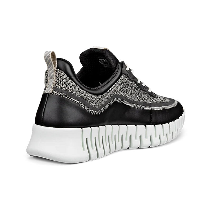Black lace-up sneaker heel with textile upper and chunky white ribbed midsole