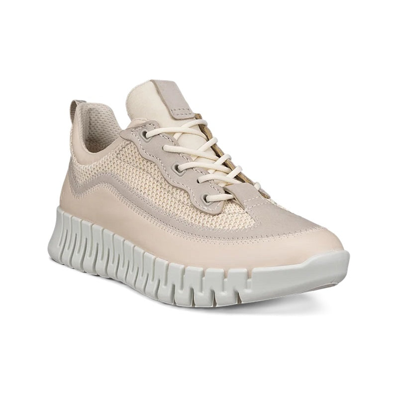 Light beige textile lace-up sneaker with chunky white ribbed sole and side stripe detail